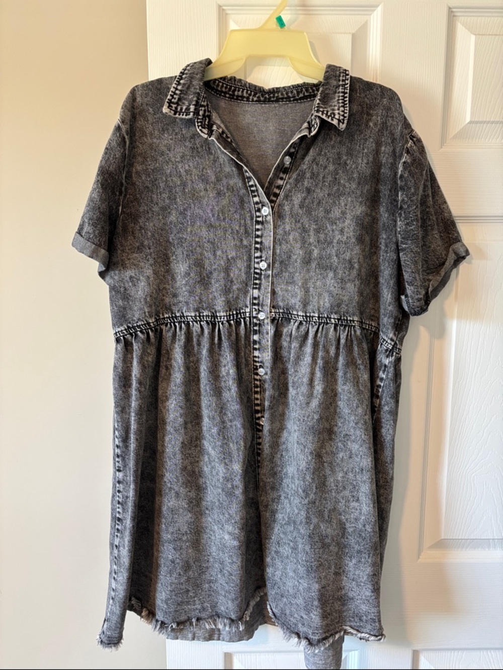 Washed Black Short-Sleeve Button Front Dress